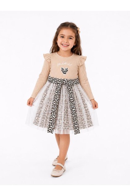 Girls' Leopard Patterned Tulle Ruffle Long Sleeve Dress