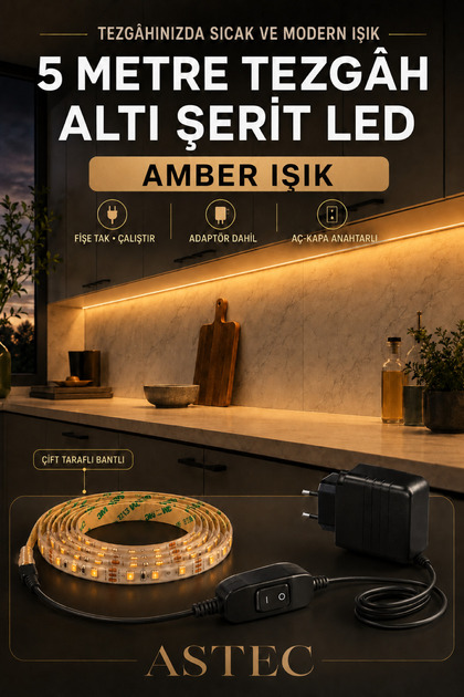 Mutfak Dolabı Tezgah Üstü İçin 5 Metre Amber Renk 12v Adaptörlü Aç Kapa Anahtarlı Şerit LED Işık