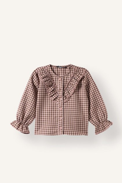 Cămașă cu mânecă lungă din flanel cu model Gingham și detaliu cu volane pentru fetiță I7783A526WN