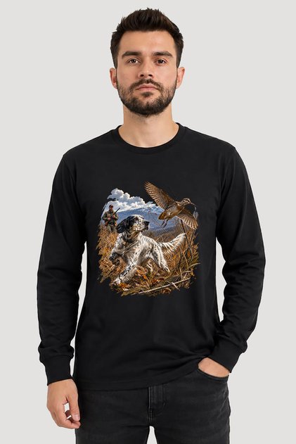 Outdoor Hunting Hunting English Setter English Pointing Dog Printed Crew Neck Men's Long Sleeve 24/1 T-Shirt
