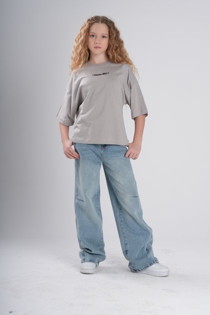 Girl's "Dream Big" Oversized T-Shirt with Pleated Back Detail - Beige / Gray