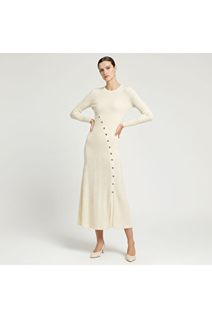 Women's Apricot Crew neck Long sleeve Midi Dress