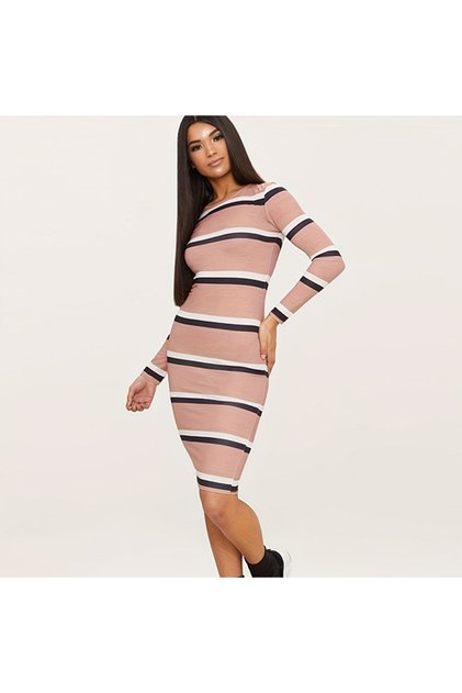 Women's Pink Striped Bodycon Long sleeve Dress