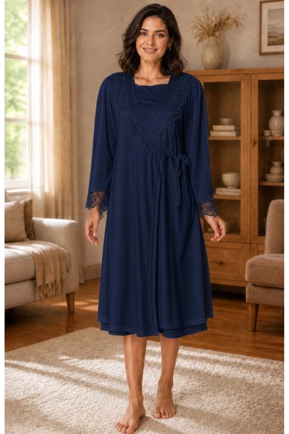 Elegant Lace Detailed Maternity and Pregnancy Dressing Gown Effortt - Navy Blue