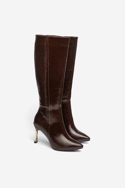 Coffee Shiny Gold Detailed Thin High Heeled Boots