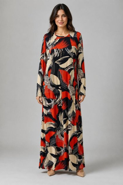 Long Sleeve Printed Pocket Long Women's Dress
