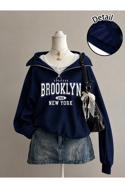 Unisex Erkek/Kadın BROOKLYN1998 Özel Baskılı Renkli Dik Yaka Yarım Fermuarlı Pamuklu Oversize Sweatshirt