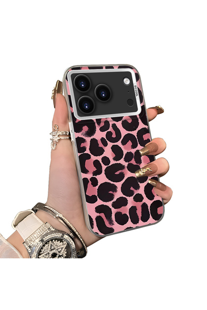 iPhone 17 Pro Compatible Pink Back Black Leopard Pattern Acrylic Back Silicone Edge Phone Case