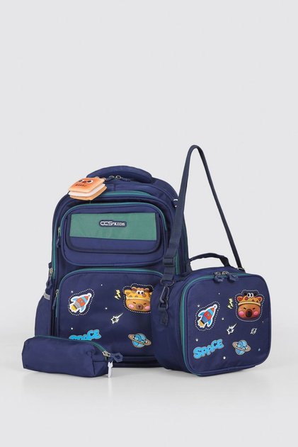 Kids Premium Okul Çanta Seti 3'lü İlkokul Ortaokul Sırt Çantası Termal Beslenme Çantası Kalemlik Lacivert-Yeşil 52016