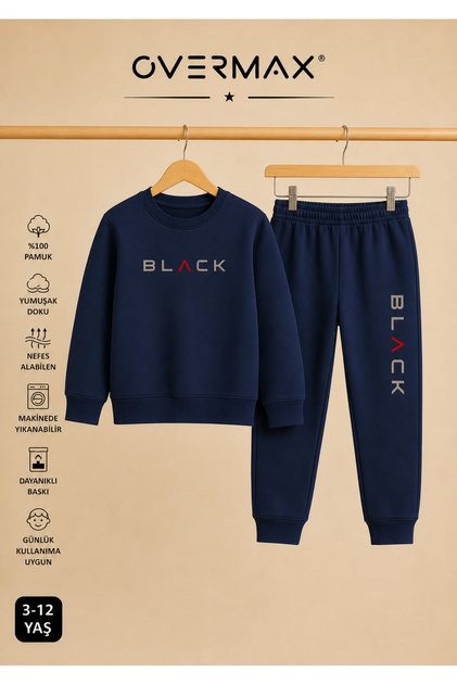 Black Printed Unisex Design Children's Tracksuit Set – Ages 3-12