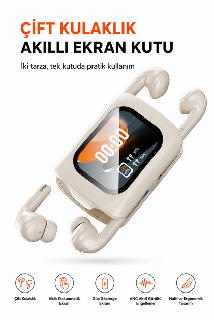 Monoise P-S2 Akıllı Dokunmatik Ekranlı Bluetooth Kulaklık, ANC Gürültü Engelleme, Çift Kulaklık Tasarımı, 50 Saate Kadar Batarya, Kadın Erkek Kablosuz TWS Kulaklık