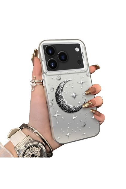 iPhone 17 Pro Compatible Silver Carved Moon and Star Pattern Non-Transparent Acrylic Back Silicone Edge Case