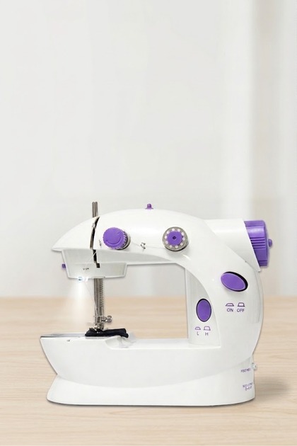 A compact, portable electric sewing machine featuring two speeds and a dual-thread system, equipped with a bobbin winder and thread tension control for easy clothing repair and alteration