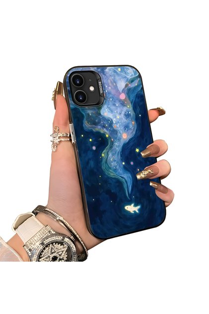 iPhone 11 Compatible Dreamy Starry Sea Fish Pattern Acrylic Back Silicone Edge Phone Case