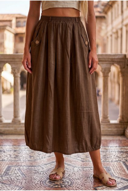 Cinnamon Color Pockets Unlined Elastic Waist Casual Linen Look Oversize Woven Skirt 95 75