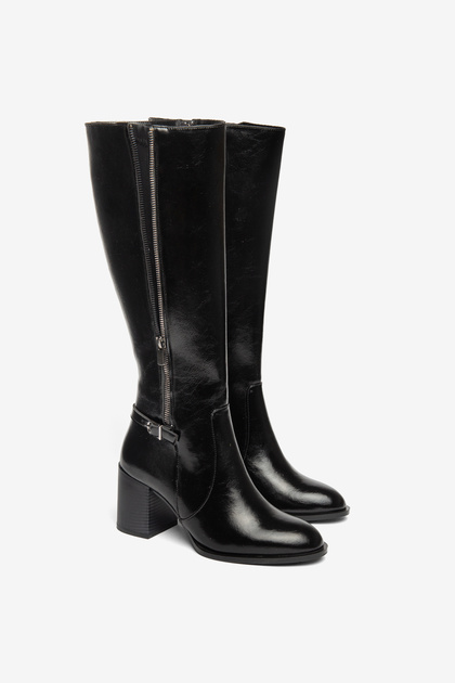 Black Shiny Belt Buckle and Zipper Detailed Round Toe Boots