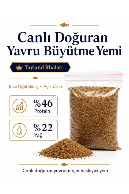 Lepistes Canlı Doğuran Yavru Balık Yemi %46 Protein – İnce Öğütülmüş Yüksek Proteinli Büyütme Yemi