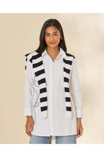 Women Ivory Oversized Button-Down Blouse With Striped Knit Detail