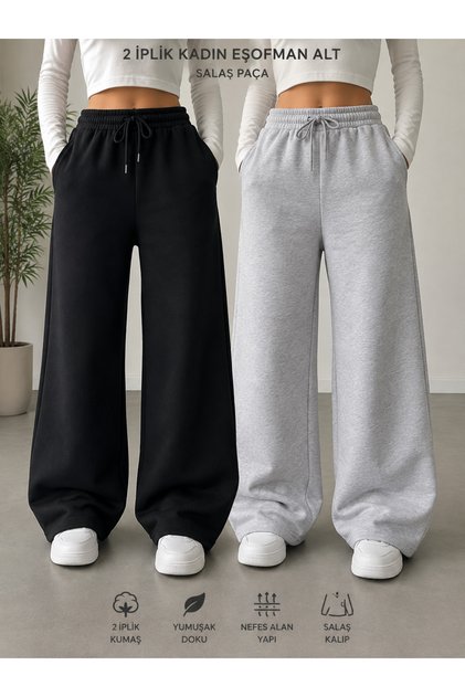 Women's Seasonal 2-Piece Sweatpants (Black-Grey) Oversize Comfortable Fit Wide Leg Washable Non-Pilling