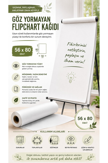 Flipchart Kağıdı 56x80 cm 50 Yaprak – Çocuk Çizim ve Boyama Kağıdı, Premium Göz Yormayan Ekonomik Kullan At Etkinlik Kağıdı
