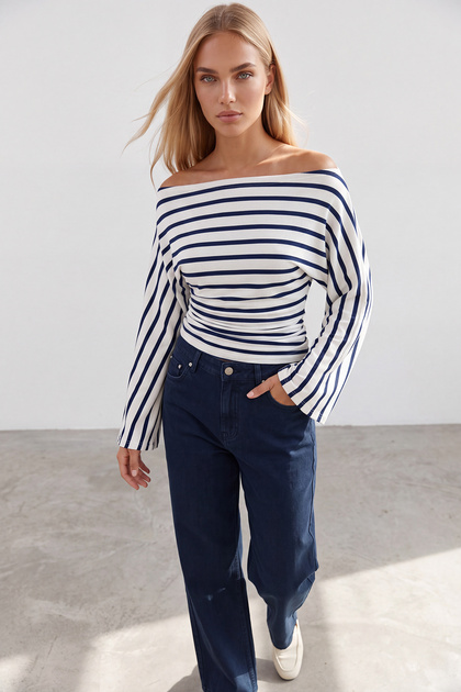 Women's Navy Blue Boat Neck Spanish Sleeve Side Gathered Striped Blouse Alc-X15605