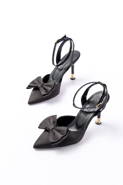 Zri̇n-4505 premium black satin open-back heeled sandal with ribbon detail - 11 cm