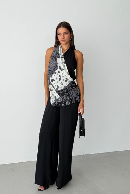 Black Shawl Patterned Draped Wide-Leg Jumpsuit