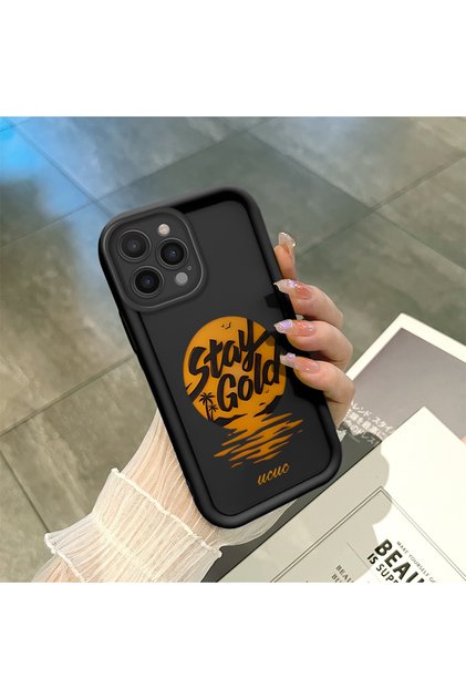 iPhone 15 Pro Max Compatible Black Silicone Case Sunset Beach Pattern Camera Protected Shock Absorbent