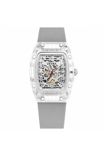 ساعة ZEYRA سكليتون بهيكل شفاف برميلي وسوار رمادي =ZEYRA Skeleton Watch with Transparent Tonneau Case and Gray Strap