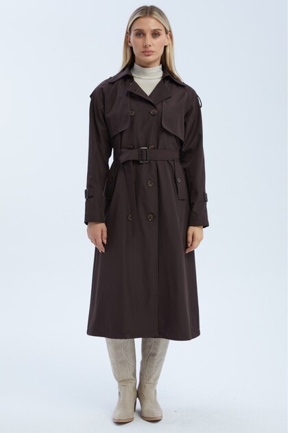 Double Pocket Seasonal Bondit Fabric Long Women's Trench Coat