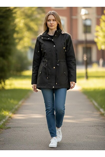 Women's Plus Size Spring Black Trench Coat 80 cm