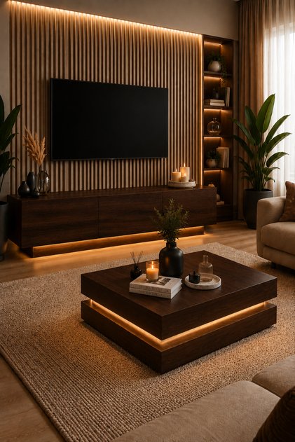 Almad Led Işıklı Tv Ünitesi ve Dammas Led Işıklı 2 Katlı Orta Sehpa Takımı Modern Tasarım Koyu Ceviz