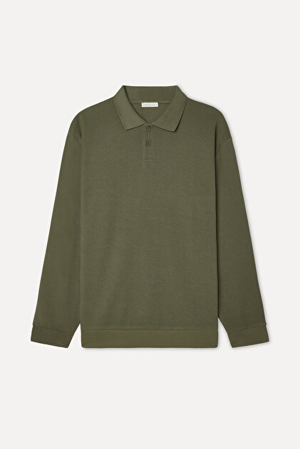 Erkek Haki Tekstürlü Comfort Fit Polo Yaka Sweatshirt