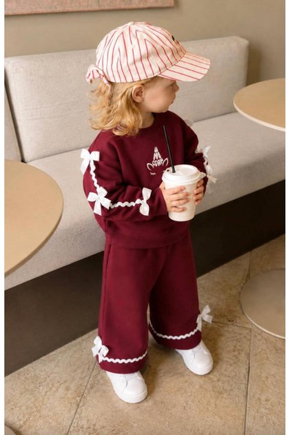 Kız Çocuk Bordo Fiyonk Detaylı Şeritli 2'li Eşofman Takımı Alt Üst Sweatshirt Takımı