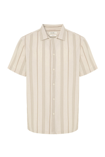 Men's Ecru Striped Resort Collar Short Sleeve Shirt