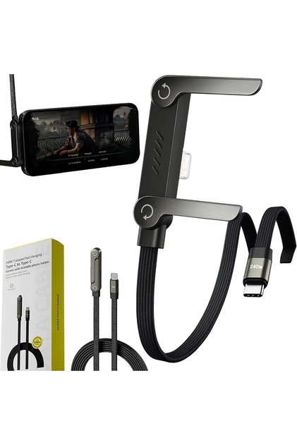 Sideways Phone Charger Cable, 240W Fast Charging Cable with Rotatable Phone Holder Stand, 360° Rotation, 1.5M Gaming Charging Cable (Type C to Type C)