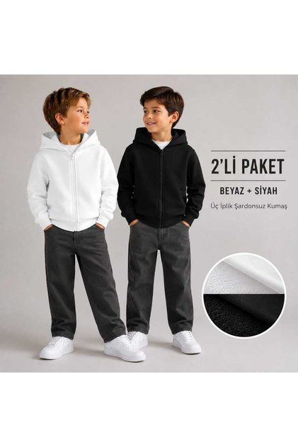 Boys' Zip-Up Hooded Sweat Cardigan 2-Pack Black & White - 3 Yarns