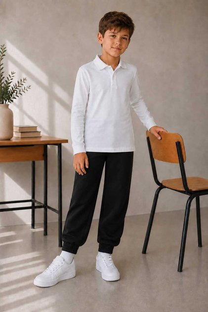 Boys' Long Sleeve Polo Collar School T-Shirt - Basic Casual Top