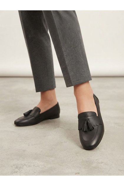 Genuine Leather Tassel Detailed Black Women's Loafer Shoes