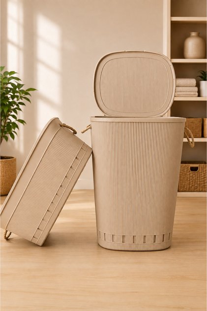 Liva Çamaşır Sepeti Seti 65 L Kapaklı Kirli Sepeti + 40 L Çamaşır Selesi Halat Tutmalı Çamaşır Sepeti