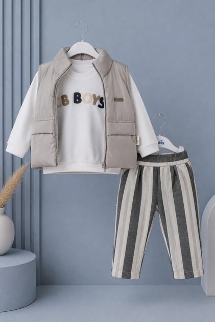 Boys' 3-Piece Set with Inflatable Vest and Lettering Detail and Striped Trousers