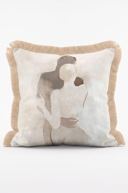 Modern Art Fringed Throw Pillow Cover with Romantic Embracing Couple Silhouette Figure