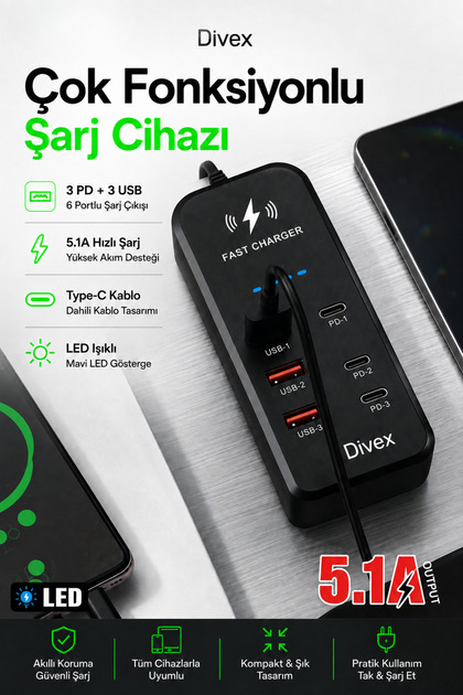 6 Port Çoklu Hızlı Şarj Cihazı – 3 USB + 3 Type-C PD, 5.1A Masaüstü Şarj İstasyonu