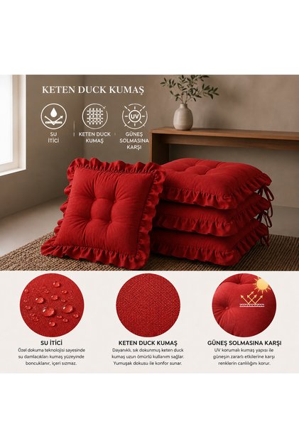 FIRFIRLI SANDALYE MİNDERİ SAÇAKLI SANDALYE MİNDERİ RATTAN MİNDERİ KETEN DUCK KUMAŞ SU İTİCİ KUMAŞ SIRT 40*40 CM OTURUM 40*40 CM 4 ADET