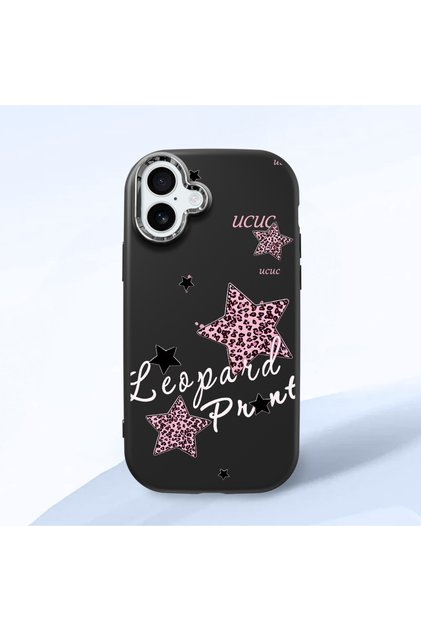 iPhone 16 Plus Compatible Leopard Pattern Stars Pattern Shock Absorbing Black Silicone Case with Camera Protection