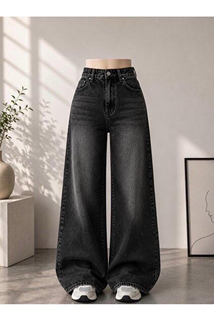 Kadın füme renk baggy 9w_17 yüksek bel %100 koton denim pantolon