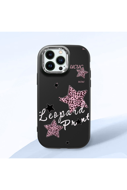 iPhone 14 Pro Max Compatible Leopard Pattern Stars Pattern Shock Absorbing Black Silicone Case with Camera Protection