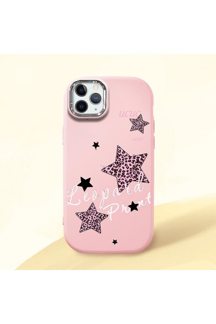 iPhone 11 Pro Compatible Leopard Pattern Stars Pattern Shock Absorbing Pink Silicone Case with Camera Protection