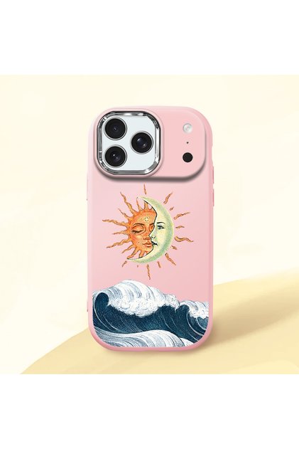 iPhone 17 Pro Compatible Retro Style Sun Moon Sea Wave Pattern Shock Absorbing Pink Silicone Case with Camera Protection