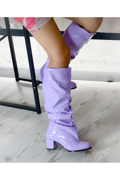 Pusi Lila Patent Leather Bellows Below-The-Knee Boots